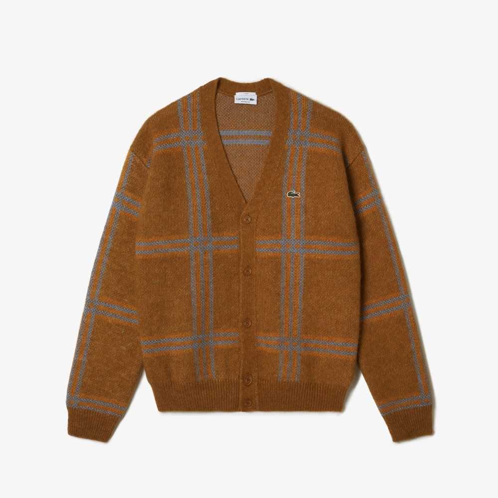 Brown / Blue / Orange Lacoste Tartan Pattern Wool Cardigan | MTDOJC-912