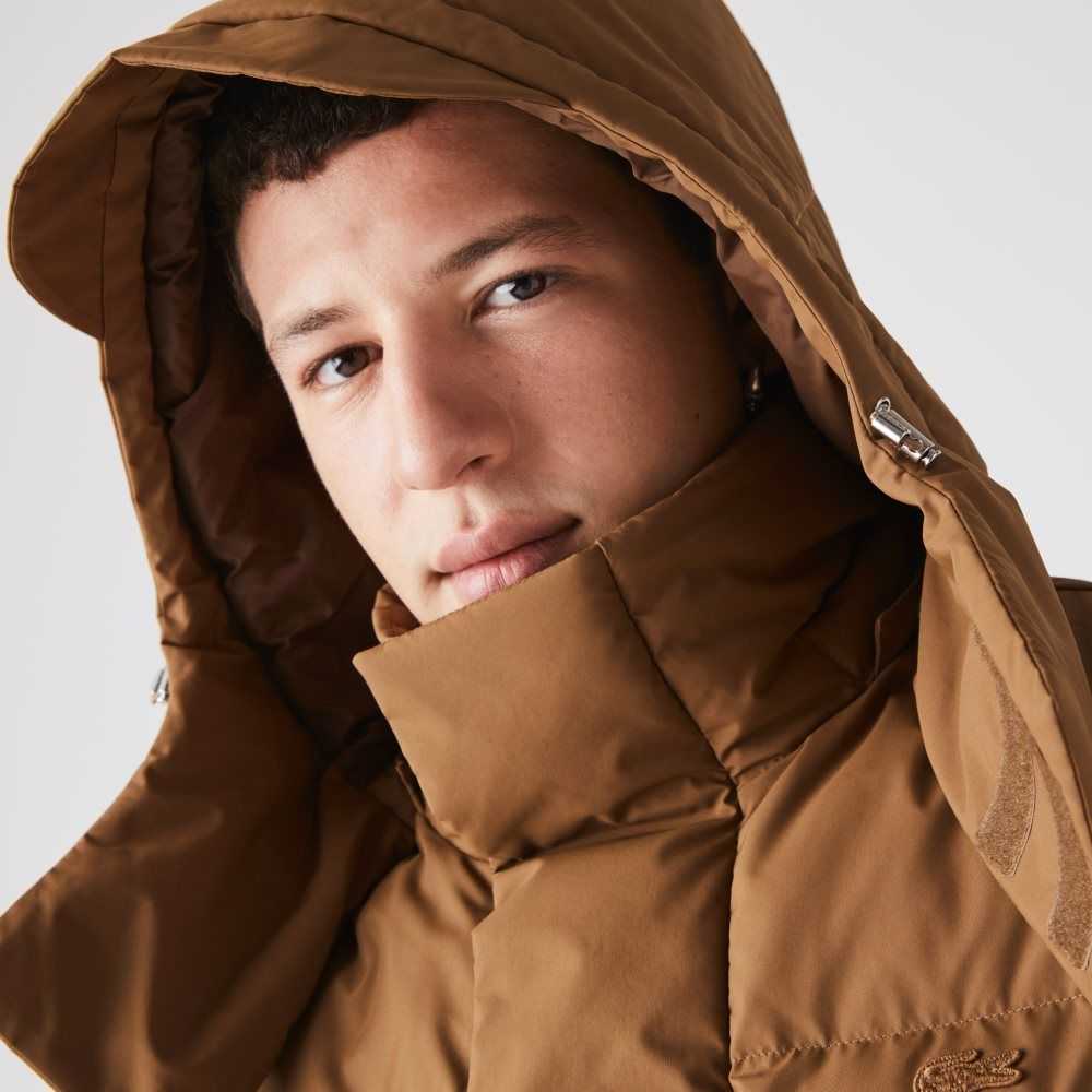 Brown Lacoste Detachable Hood Long Puffer Coat | DBAZUE-589