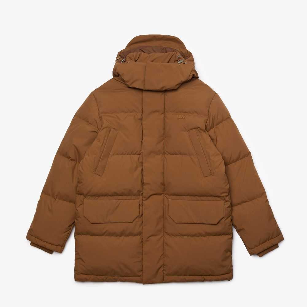 Brown Lacoste Detachable Hood Long Puffer Coat | DBAZUE-589