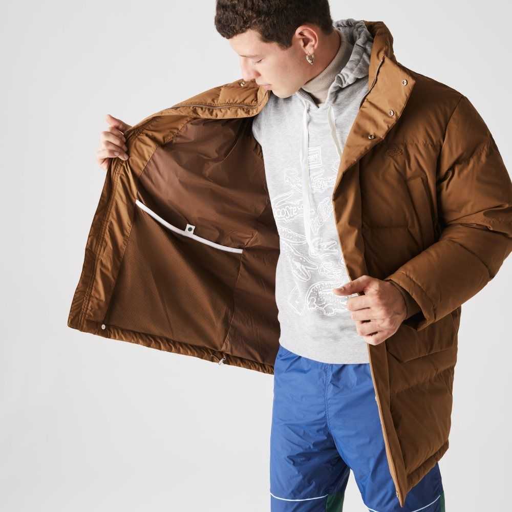 Brown Lacoste Detachable Hood Long Puffer Coat | DBAZUE-589