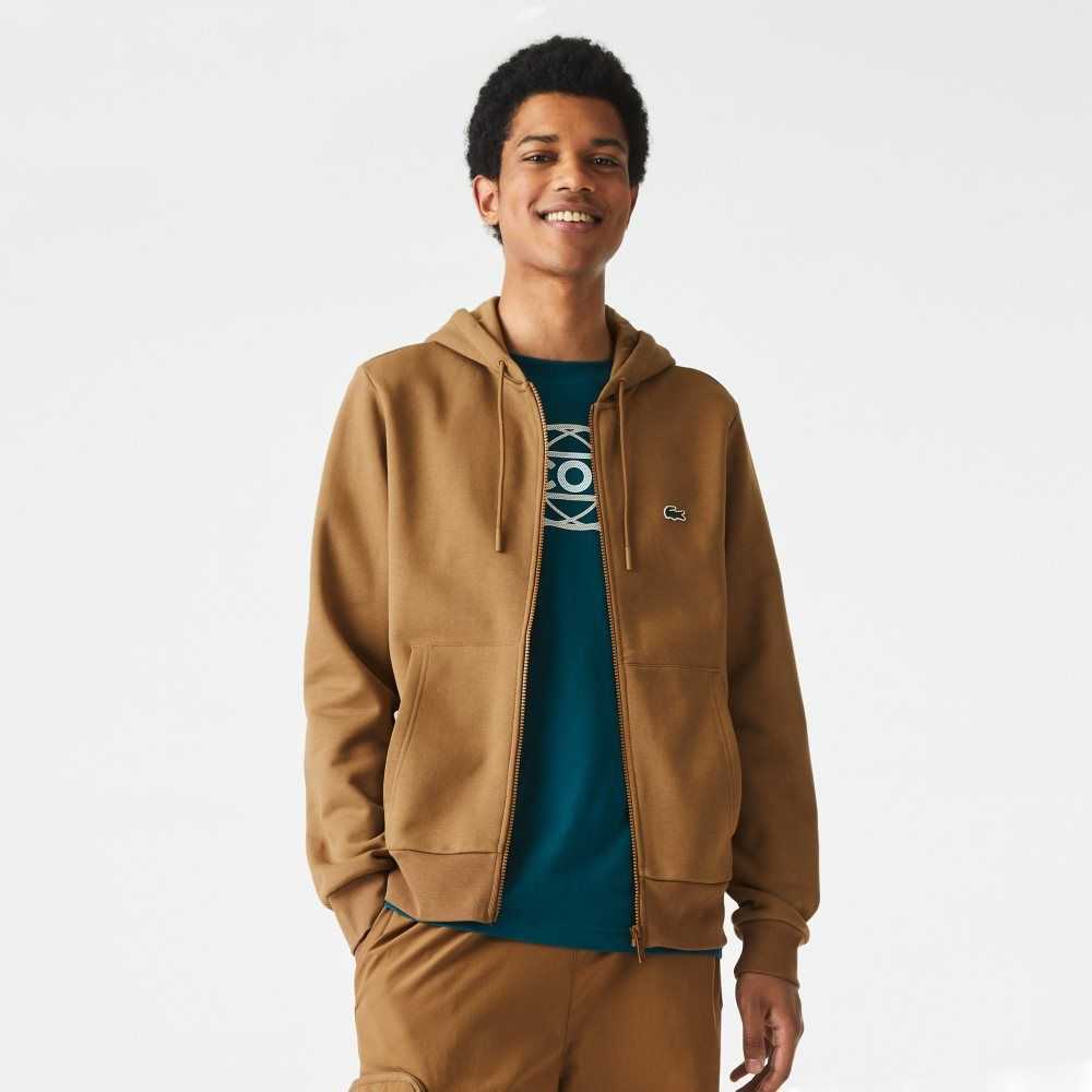 Brown Lacoste Kangaroo Pocket Fleece Zipped Sweatshirt | YZCVHR-478