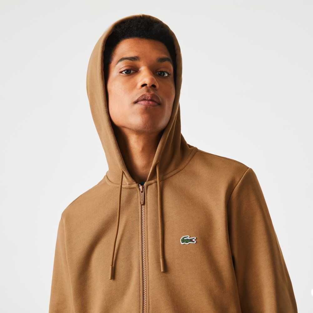 Brown Lacoste Kangaroo Pocket Fleece Zipped Sweatshirt | YZCVHR-478