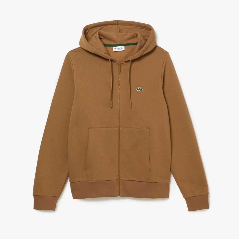 Brown Lacoste Kangaroo Pocket Fleece Zipped Sweatshirt | YZCVHR-478