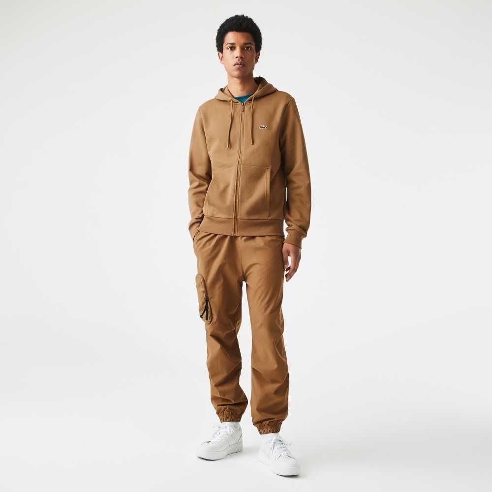 Brown Lacoste Kangaroo Pocket Fleece Zipped Sweatshirt | YZCVHR-478