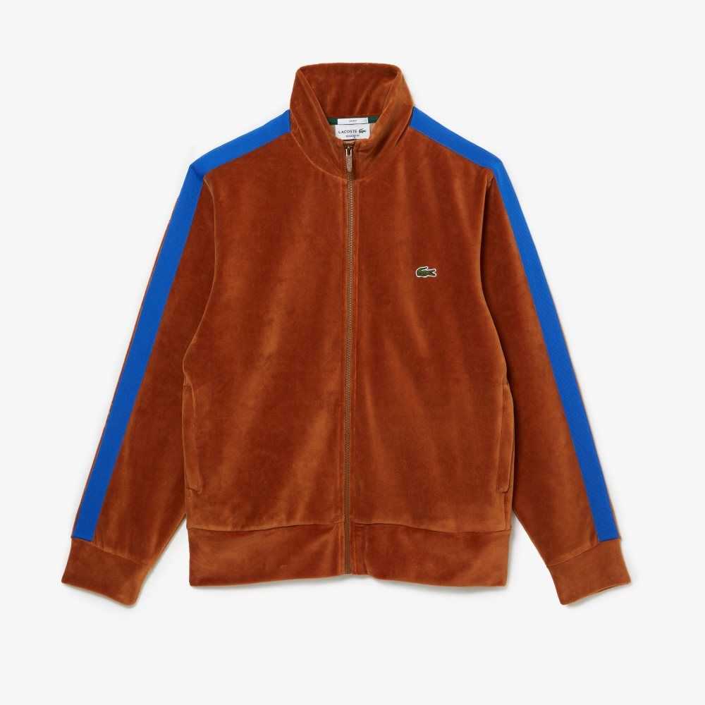 Brown Lacoste Regular Fit Velvet Zip Sweatshirt | UHQLEO-275