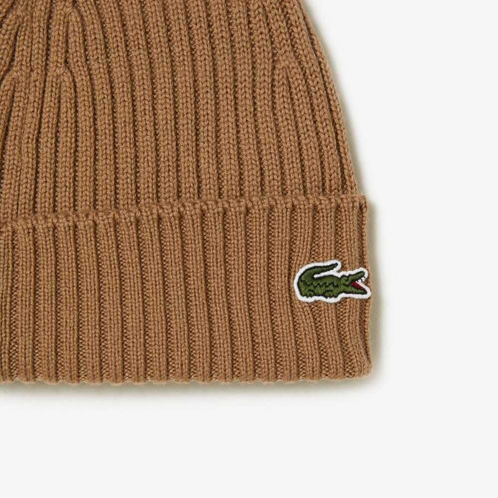 Brown Lacoste Ribbed Wool Beanie | JVGRQN-780