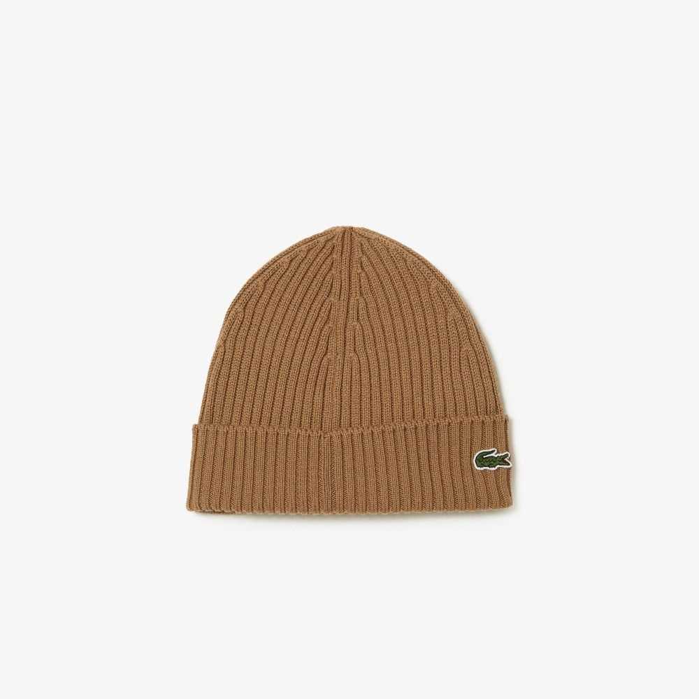 Brown Lacoste Ribbed Wool Beanie | JVGRQN-780