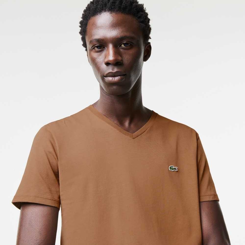 Brown Lacoste V-Neck Pima Cotton Jersey T-Shirt | NSEVIQ-863