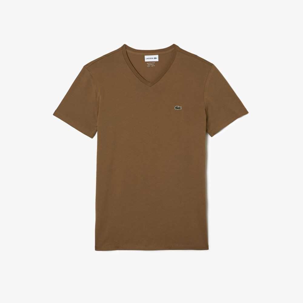 Brown Lacoste V-Neck Pima Cotton Jersey T-Shirt | NSEVIQ-863