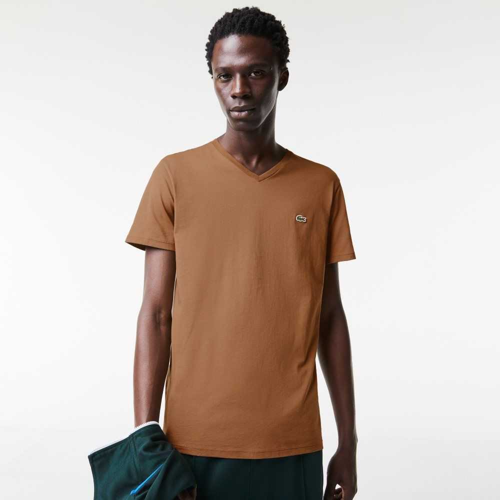 Brown Lacoste V-Neck Pima Cotton Jersey T-Shirt | NSEVIQ-863