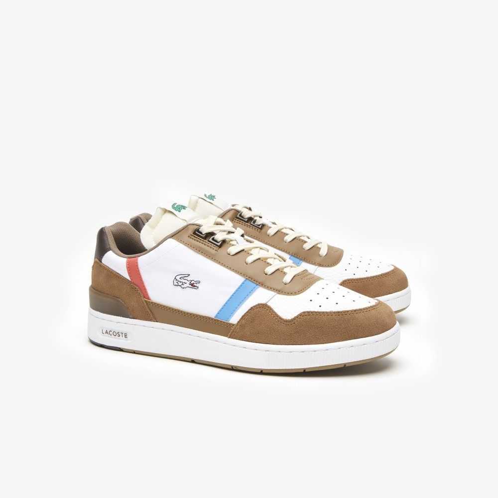 Brw/Wht Lacoste T-Clip Leather Tricolor Sneakers | ZVTWHE-876