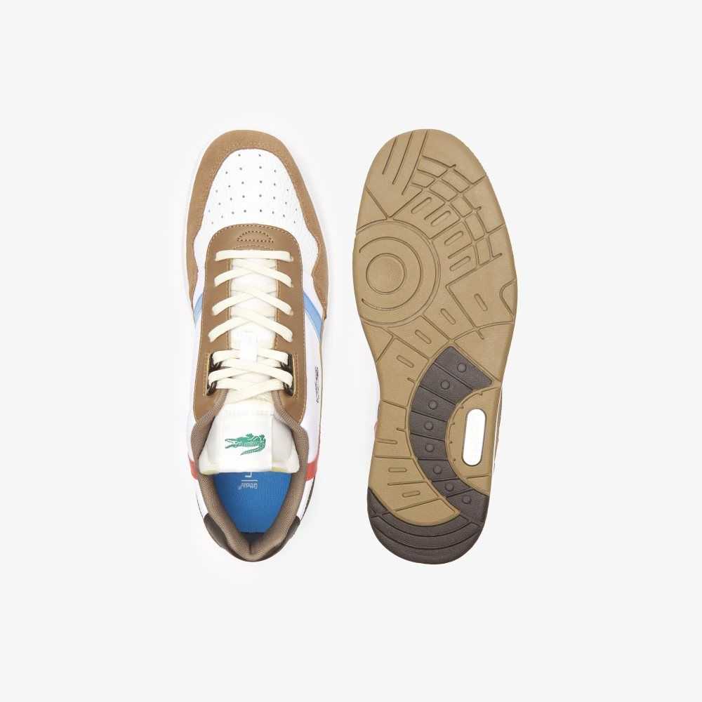 Brw/Wht Lacoste T-Clip Leather Tricolor Sneakers | ZVTWHE-876