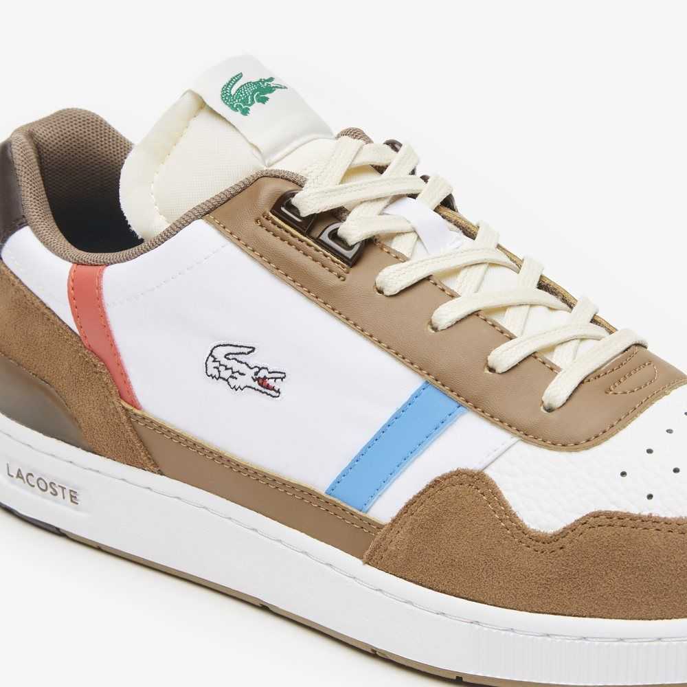 Brw/Wht Lacoste T-Clip Leather Tricolor Sneakers | ZVTWHE-876