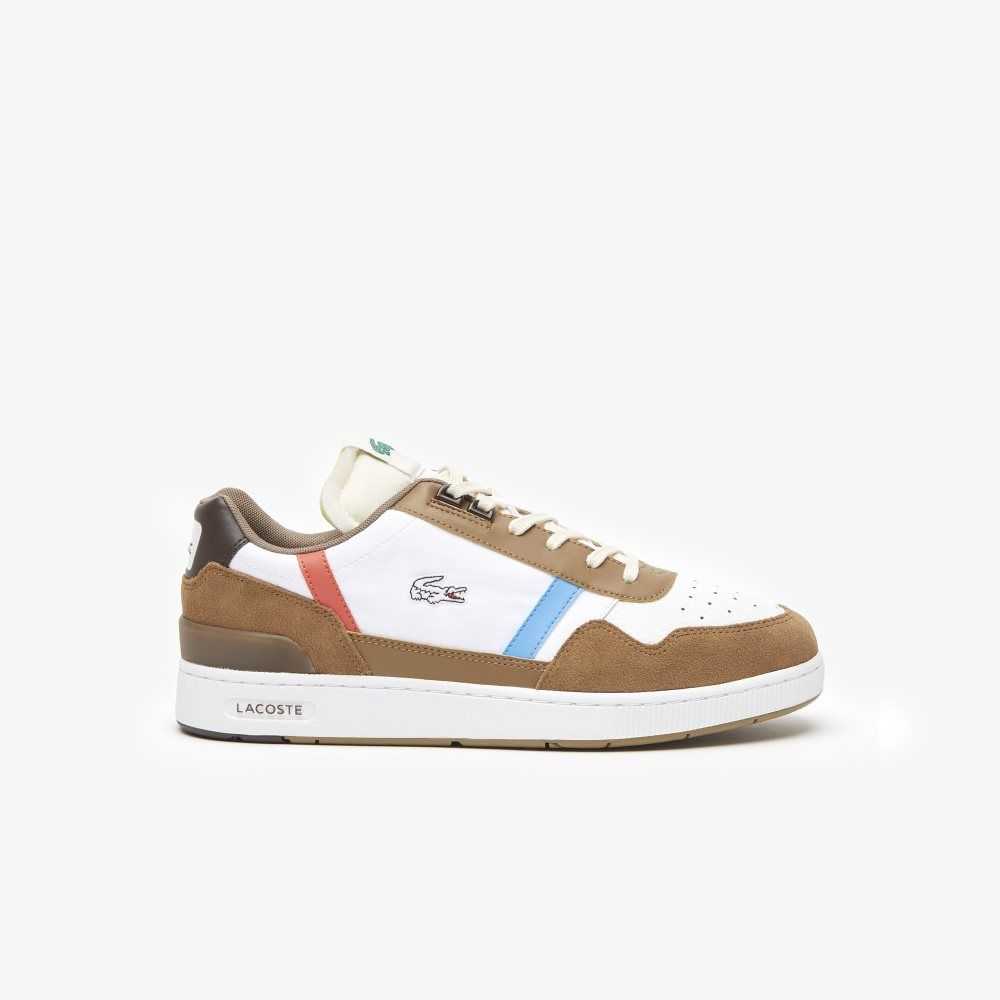 Brw/Wht Lacoste T-Clip Leather Tricolor Sneakers | ZVTWHE-876