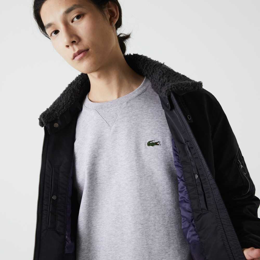 Dark Grey / Navy Blue Lacoste Sherpa Collar Padded Bomber Jacket | TJVYHE-740