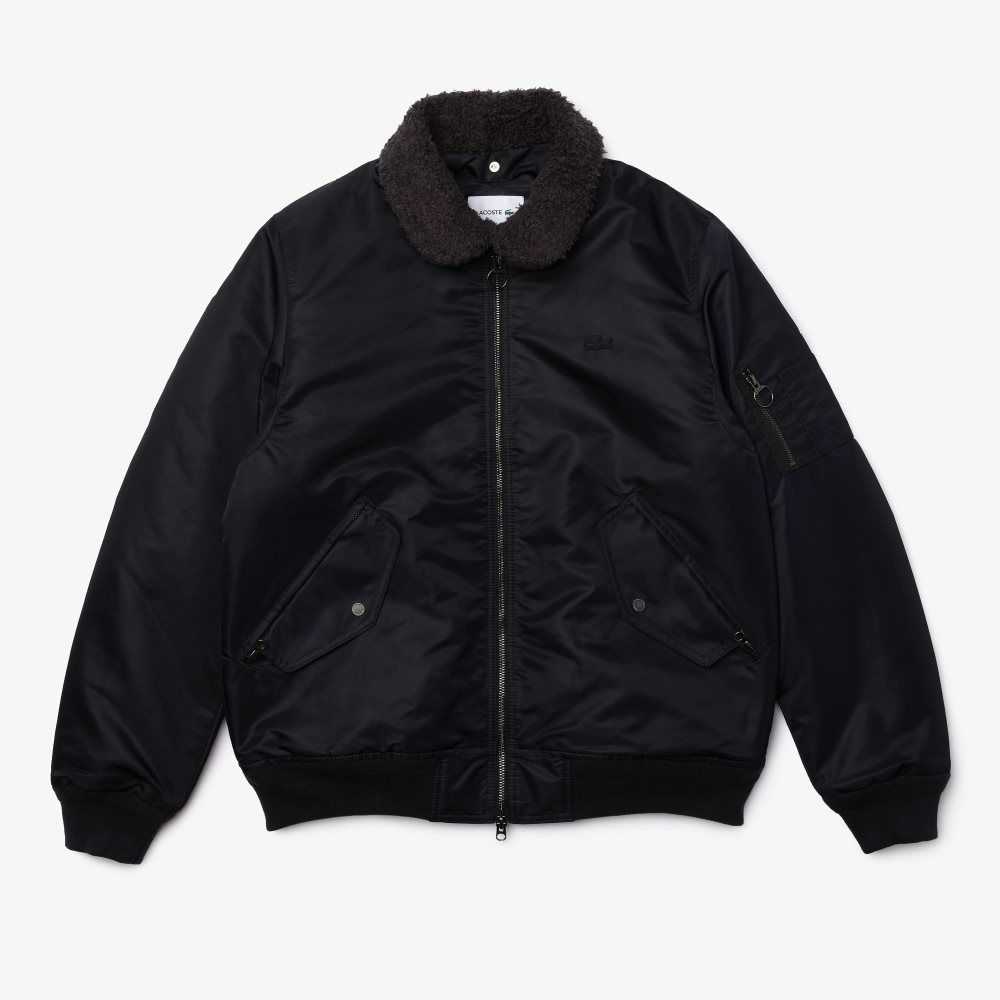 Dark Grey / Navy Blue Lacoste Sherpa Collar Padded Bomber Jacket | TJVYHE-740