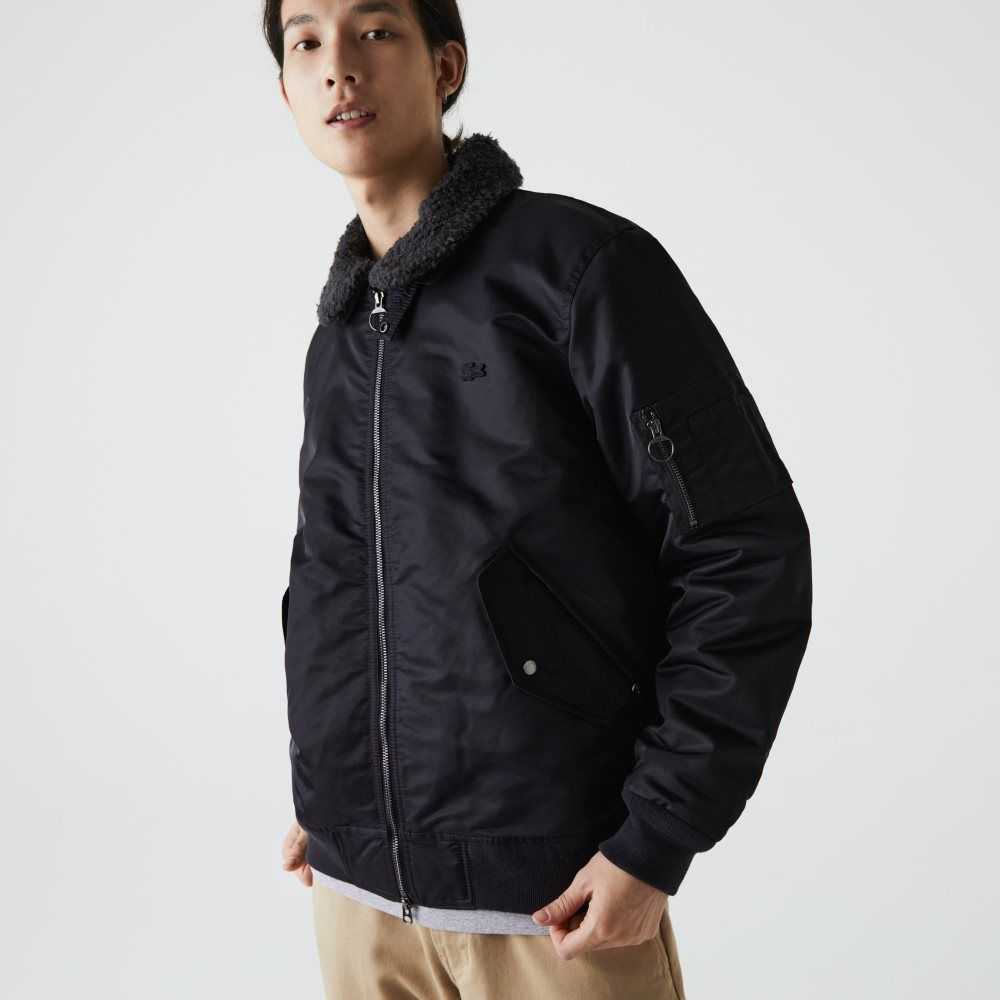 Dark Grey / Navy Blue Lacoste Sherpa Collar Padded Bomber Jacket | TJVYHE-740