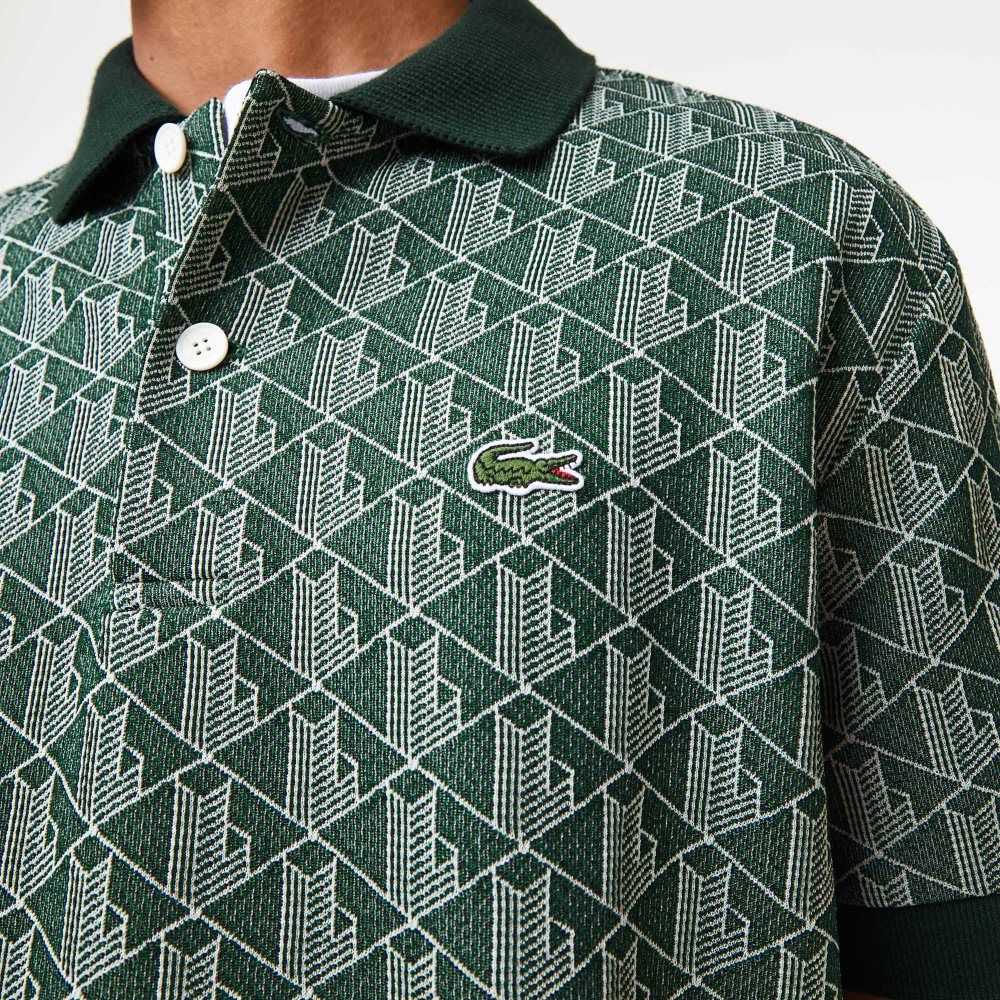 Green / Beige Lacoste Classic Fit Monogram Print Polo | NEKAJP-369