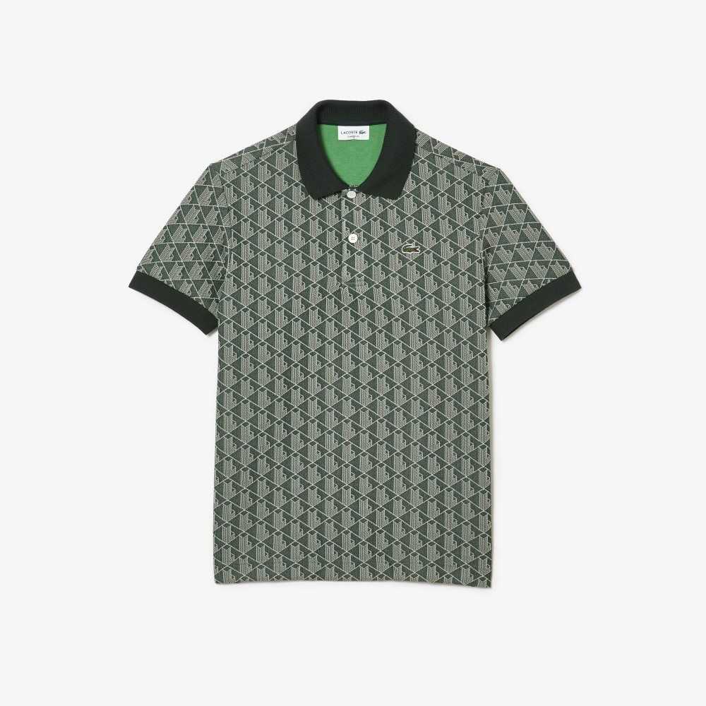 Green / Beige Lacoste Classic Fit Monogram Print Polo | NEKAJP-369