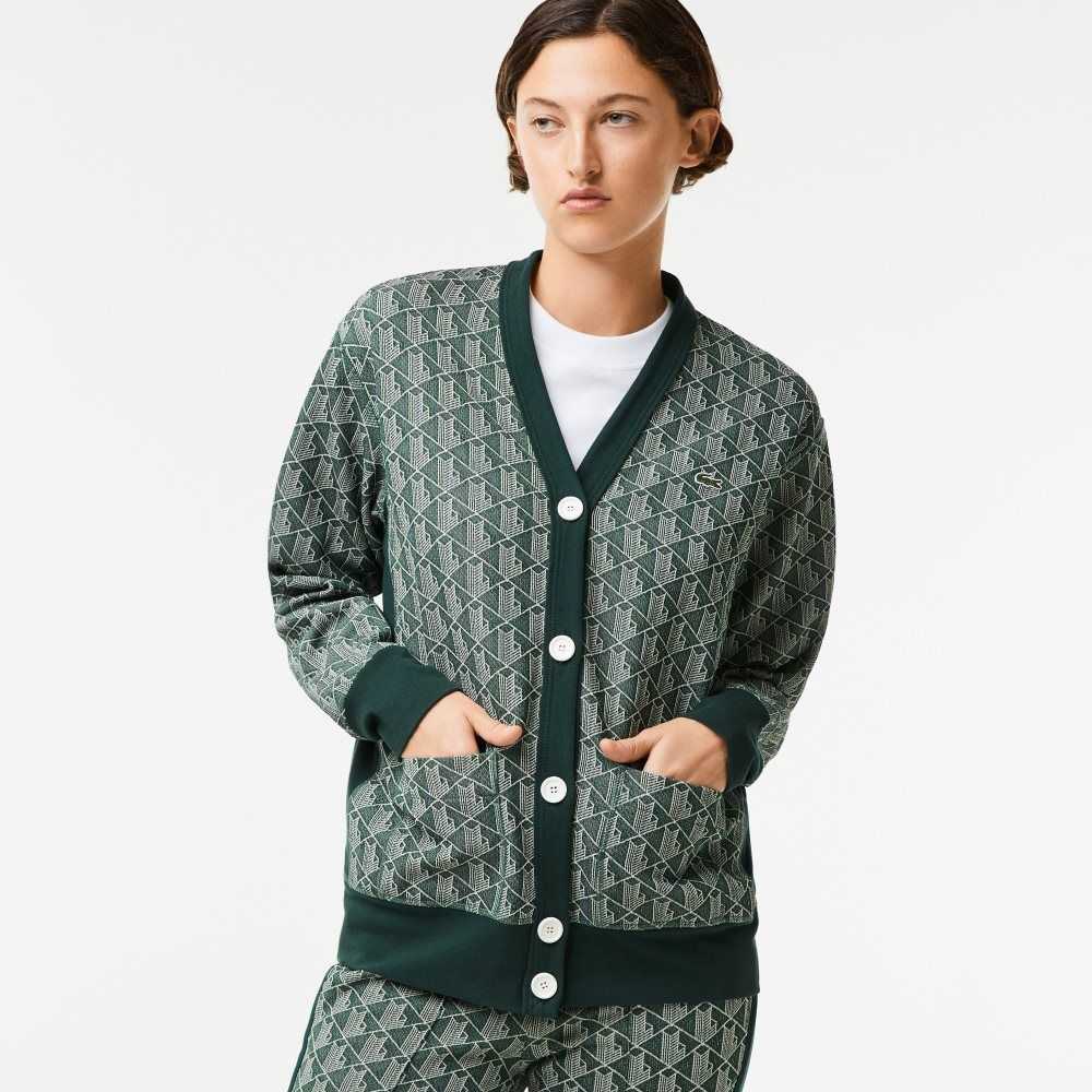 Green / Beige Lacoste Loose Fit Monogram Print Cardigan | FVGXDS-936