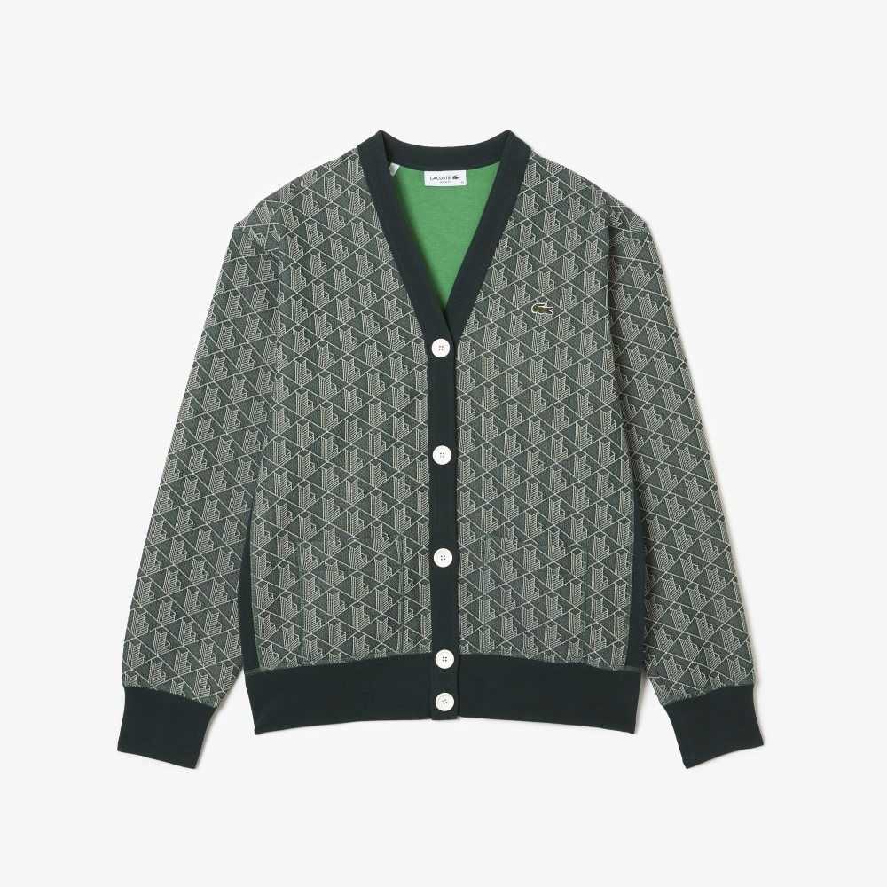 Green / Beige Lacoste Loose Fit Monogram Print Cardigan | FVGXDS-936