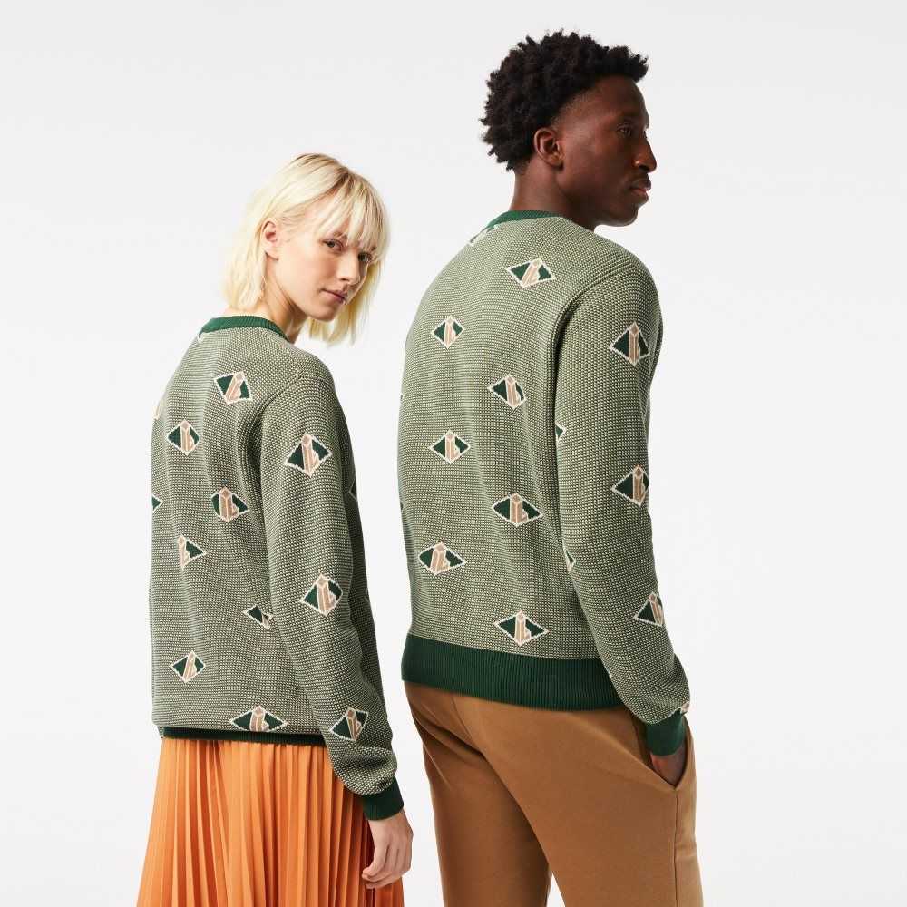 Green / Beige / White Lacoste Classic Fit Monogram Pattern Sweater | WNJFUY-730