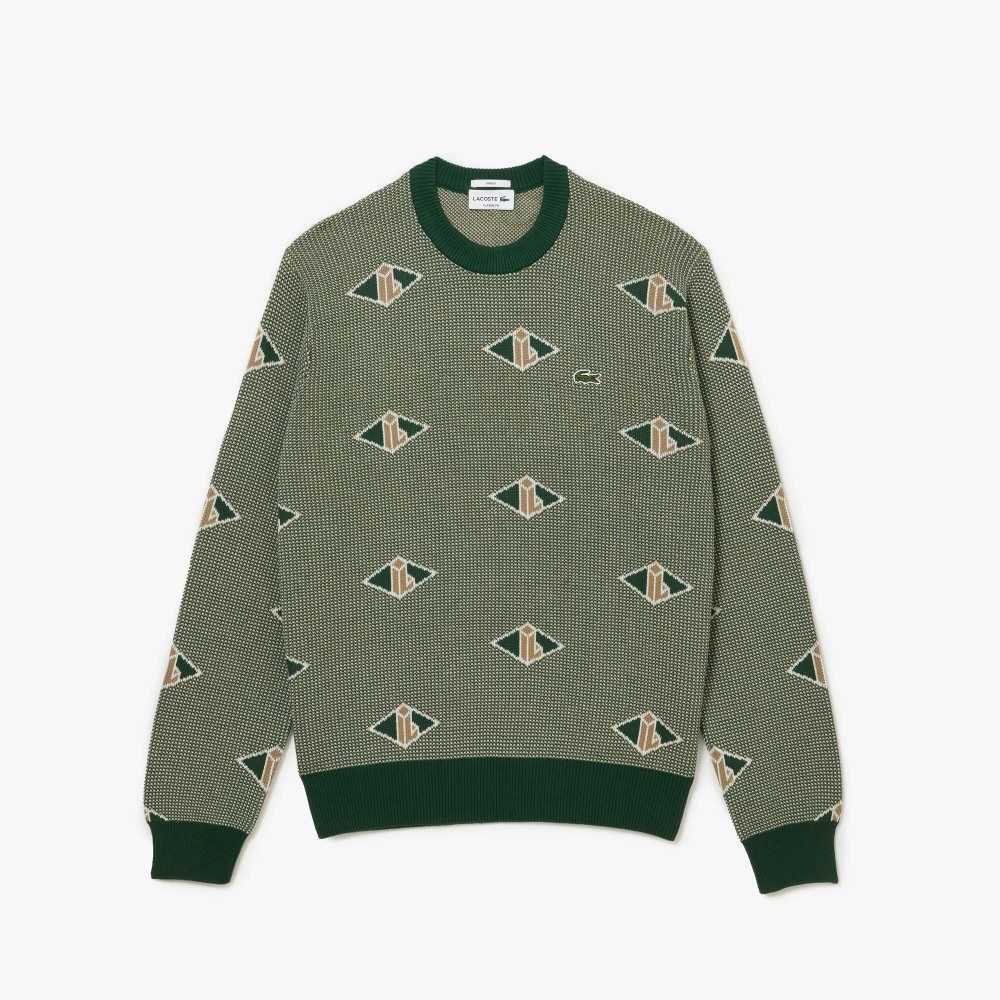 Green / Beige / White Lacoste Classic Fit Monogram Pattern Sweater | WNJFUY-730