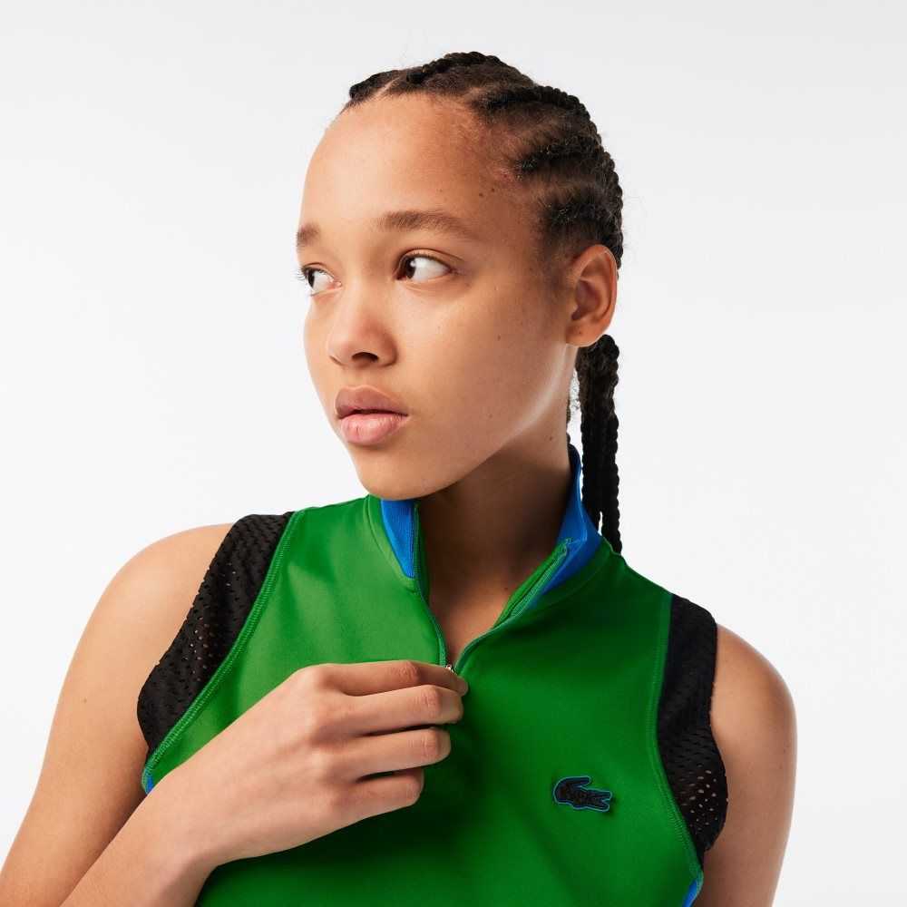 Green / Blue / Black Lacoste Tennis Sleeveless Zip Neck Polo | EDQRLG-376