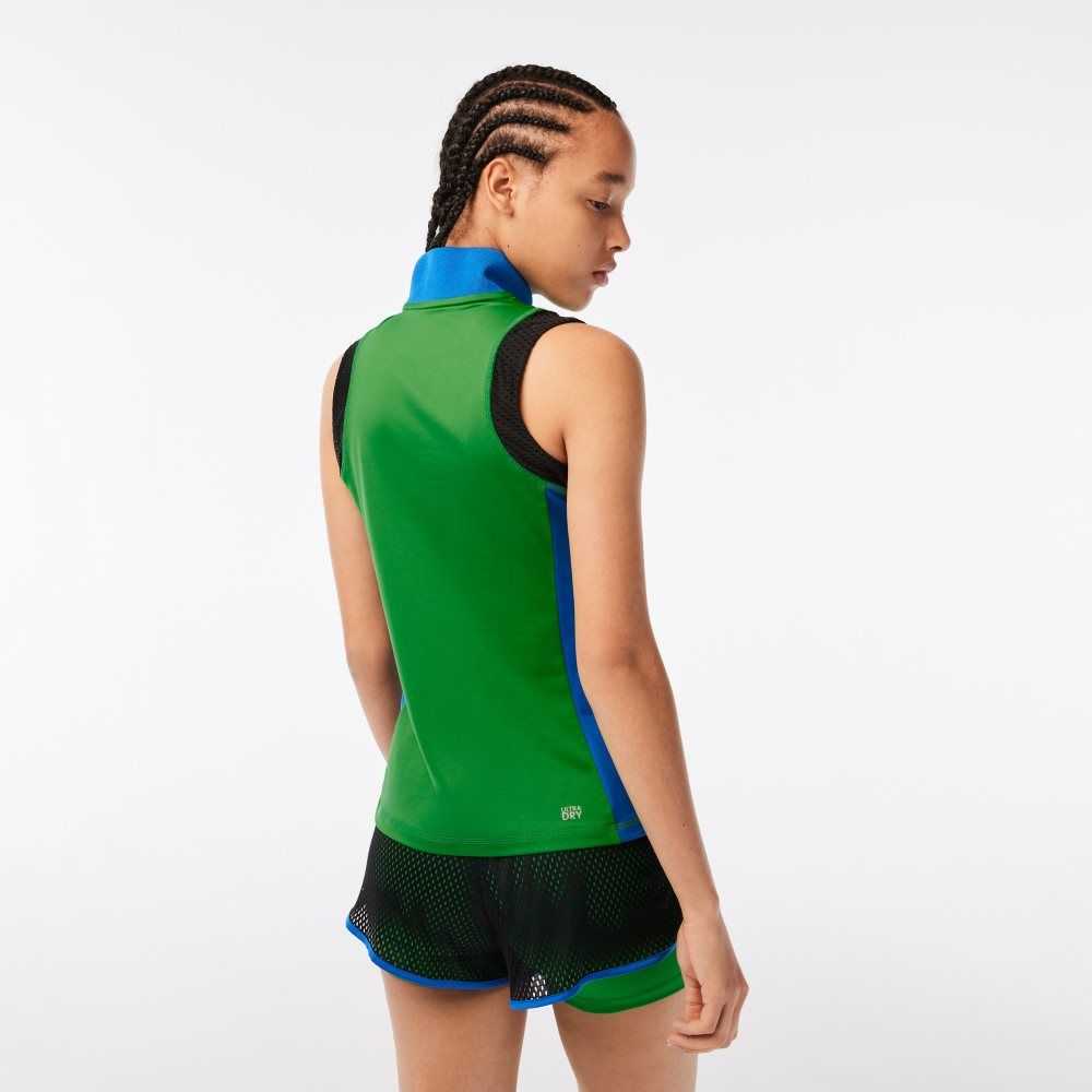 Green / Blue / Black Lacoste Tennis Sleeveless Zip Neck Polo | EDQRLG-376