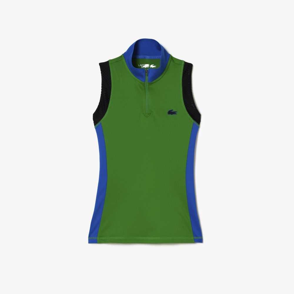 Green / Blue / Black Lacoste Tennis Sleeveless Zip Neck Polo | EDQRLG-376