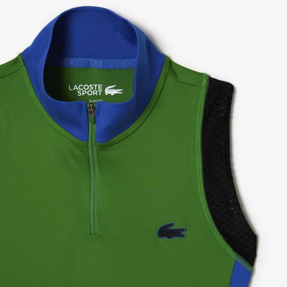 Green / Blue / Black Lacoste Tennis Sleeveless Zip Neck Polo | EDQRLG-376