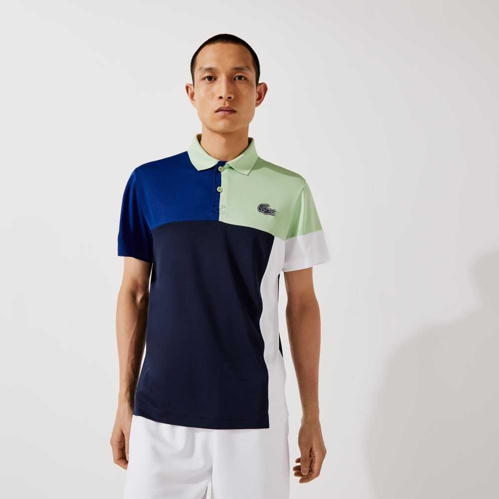 Green / Blue / Navy Blue / White Lacoste SPORT Breathable Colorblock Pique Polo | SDIRYT-435