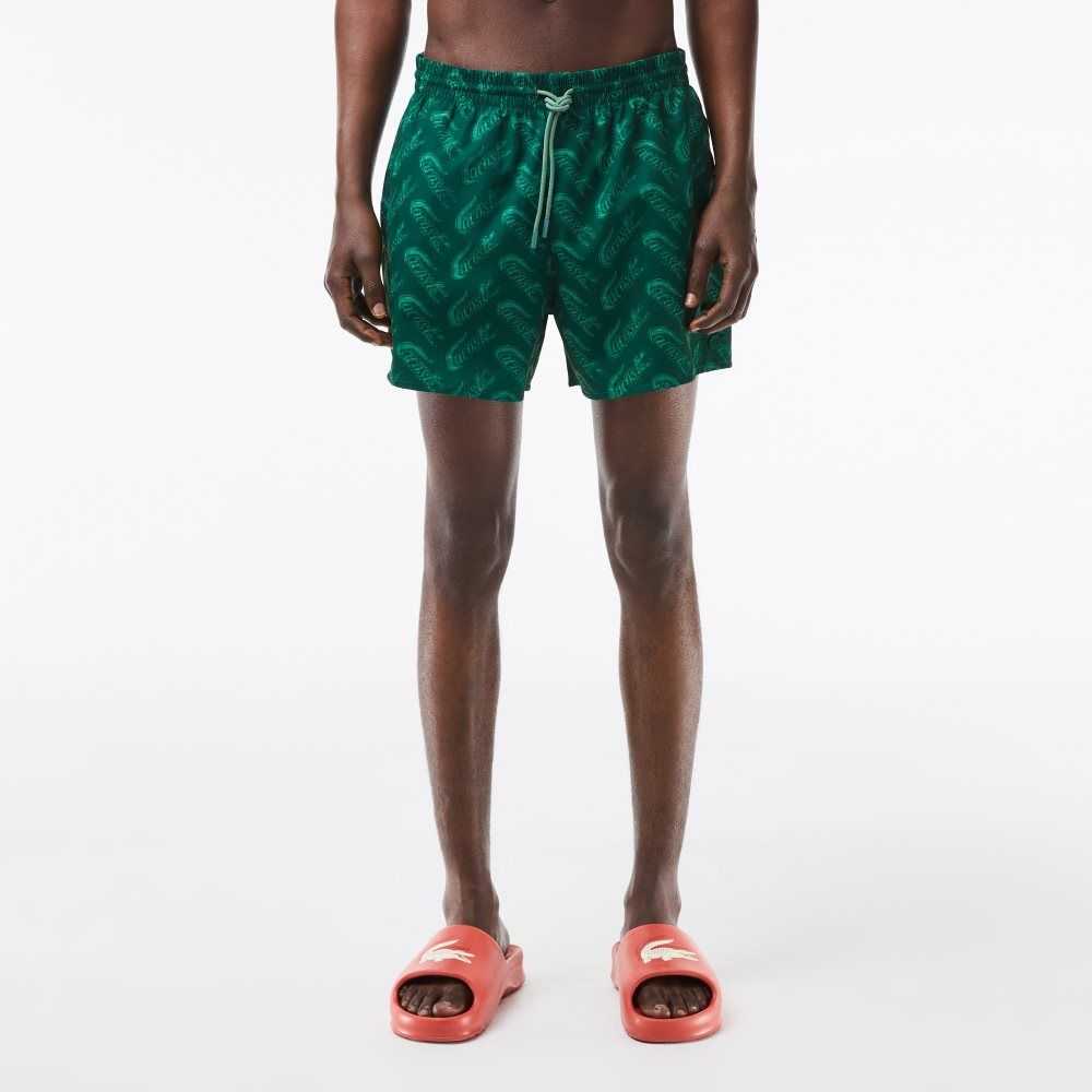 Green / Khaki Green Lacoste Recycled Polyester Print Swim Trunks | VTFNDO-297