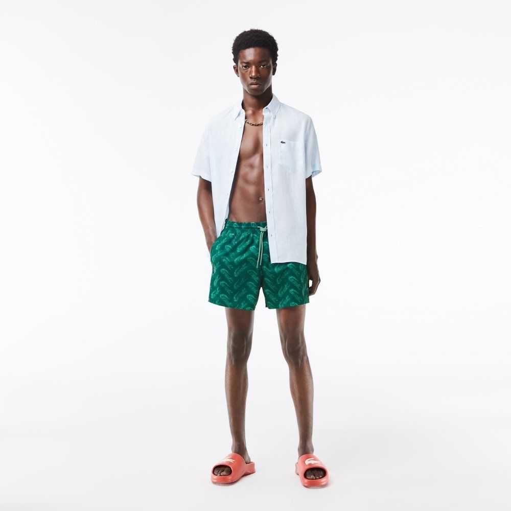 Green / Khaki Green Lacoste Recycled Polyester Print Swim Trunks | VTFNDO-297