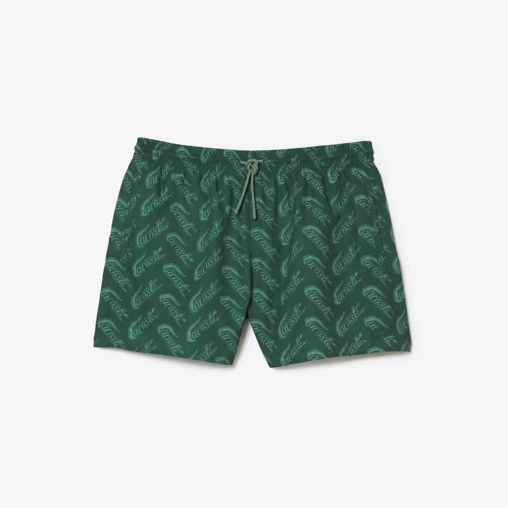 Green / Khaki Green Lacoste Recycled Polyester Print Swim Trunks | VTFNDO-297