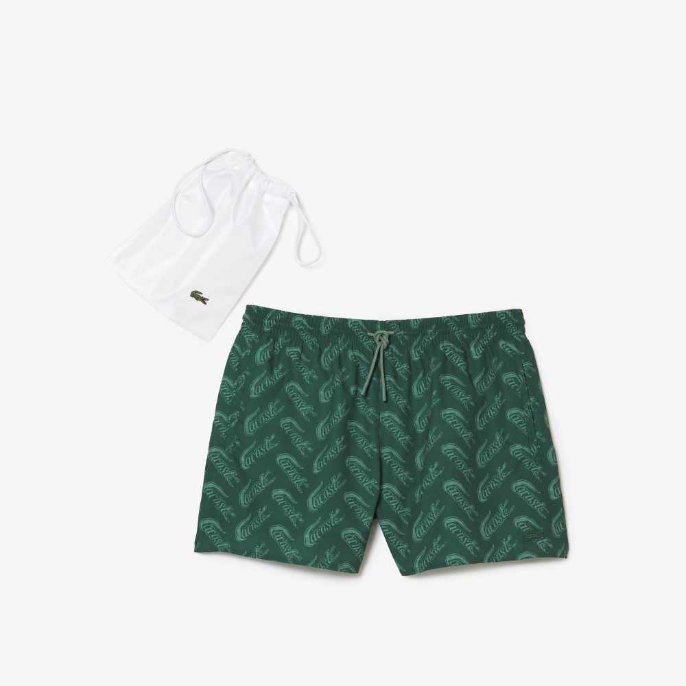 Green / Khaki Green Lacoste Recycled Polyester Print Swim Trunks | VTFNDO-297