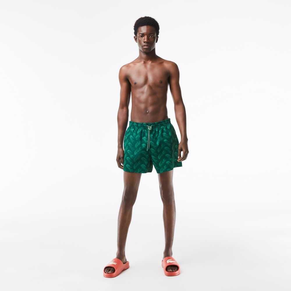 Green / Khaki Green Lacoste Recycled Polyester Print Swim Trunks | VTFNDO-297