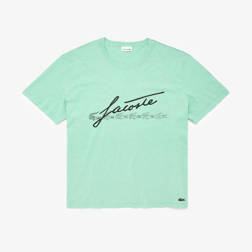 Green Lacoste Big Fit Signature Print T-Shirt | UHLCVA-598