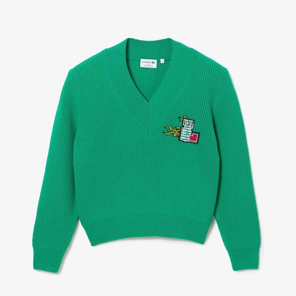 Green Lacoste Comic Badge V-Neck Wool Sweater | CMFUPS-231