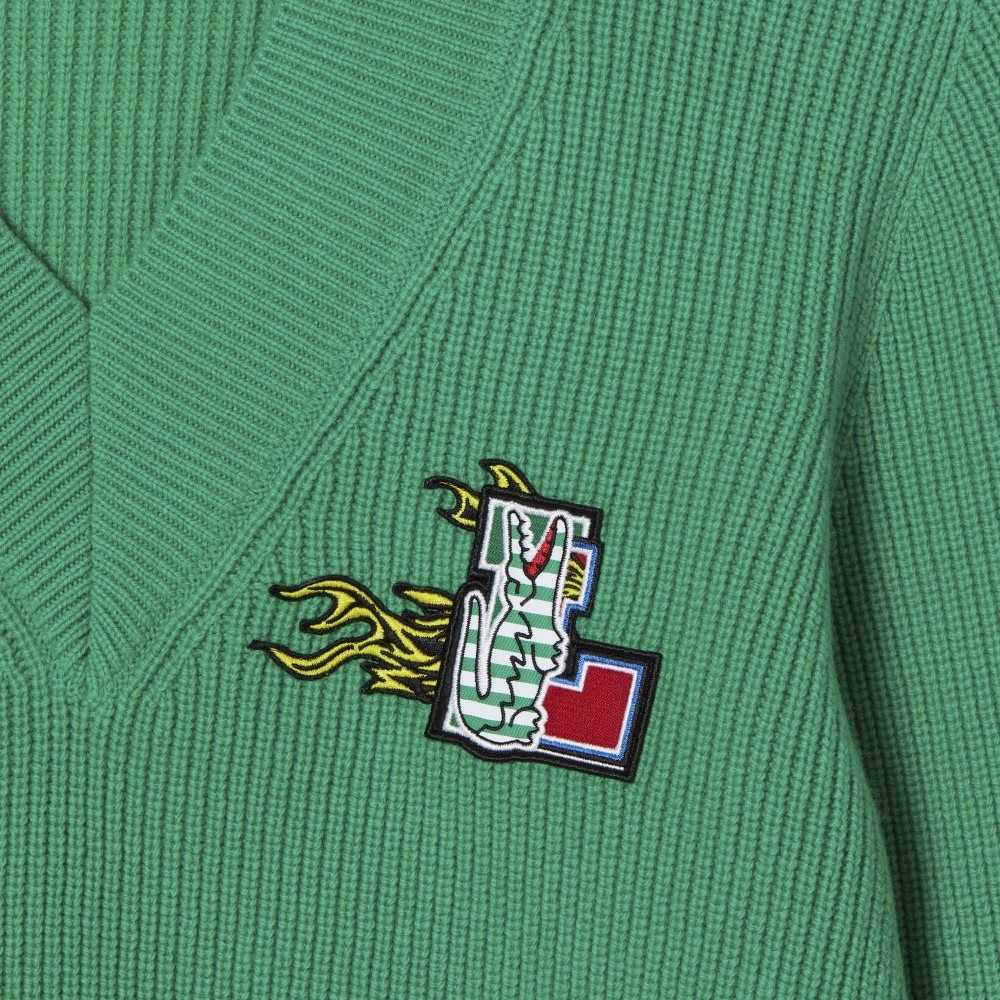 Green Lacoste Comic Badge V-Neck Wool Sweater | CMFUPS-231