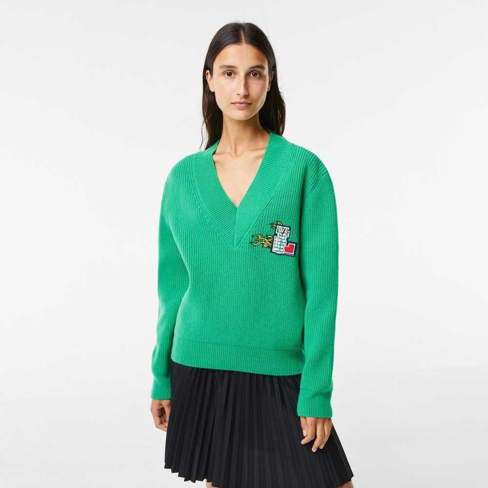 Green Lacoste Comic Badge V-Neck Wool Sweater | CMFUPS-231