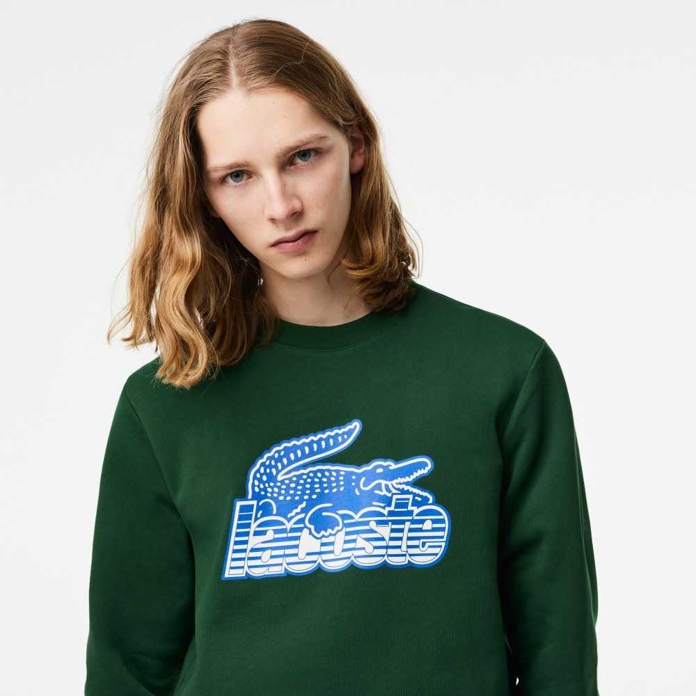 Green Lacoste Crew Neck Unbrushed Fleece Sweatshirt | AOSYVM-879