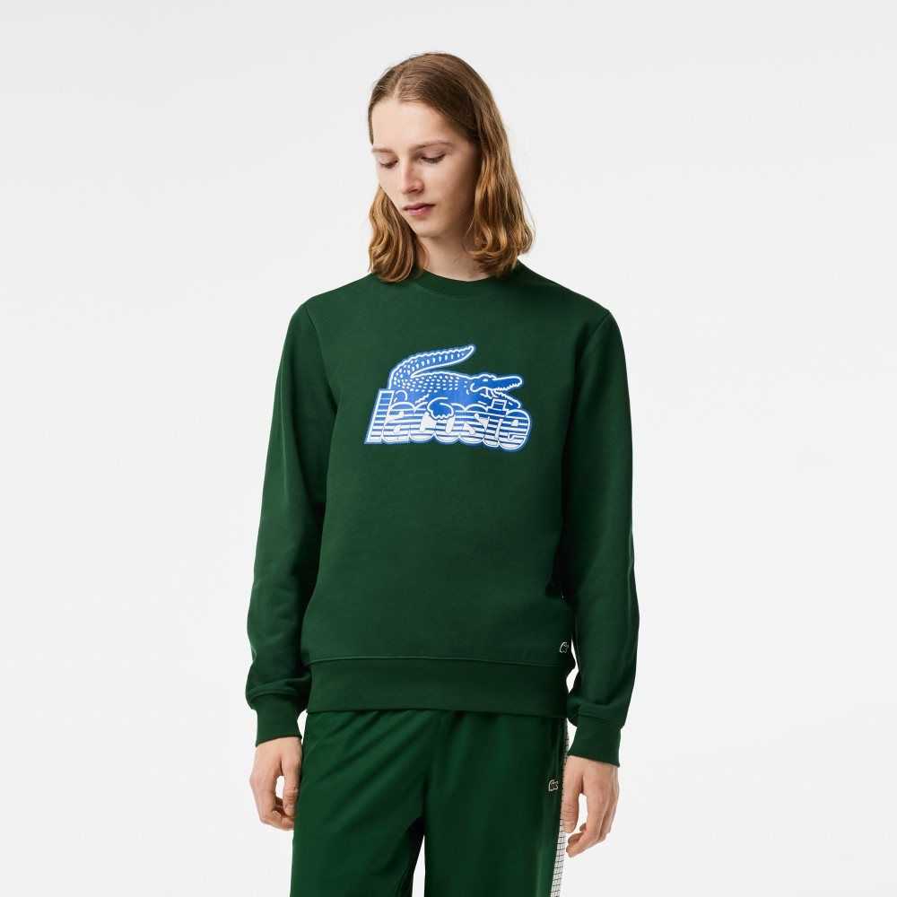 Green Lacoste Crew Neck Unbrushed Fleece Sweatshirt | AOSYVM-879