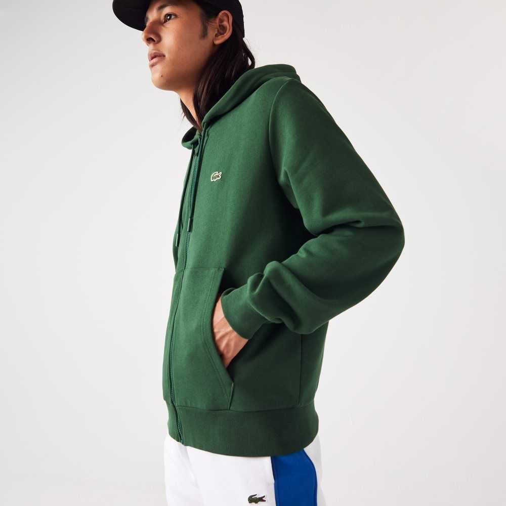 Green Lacoste Kangaroo Pocket Fleece Zipped Sweatshirt | VJSCXF-294