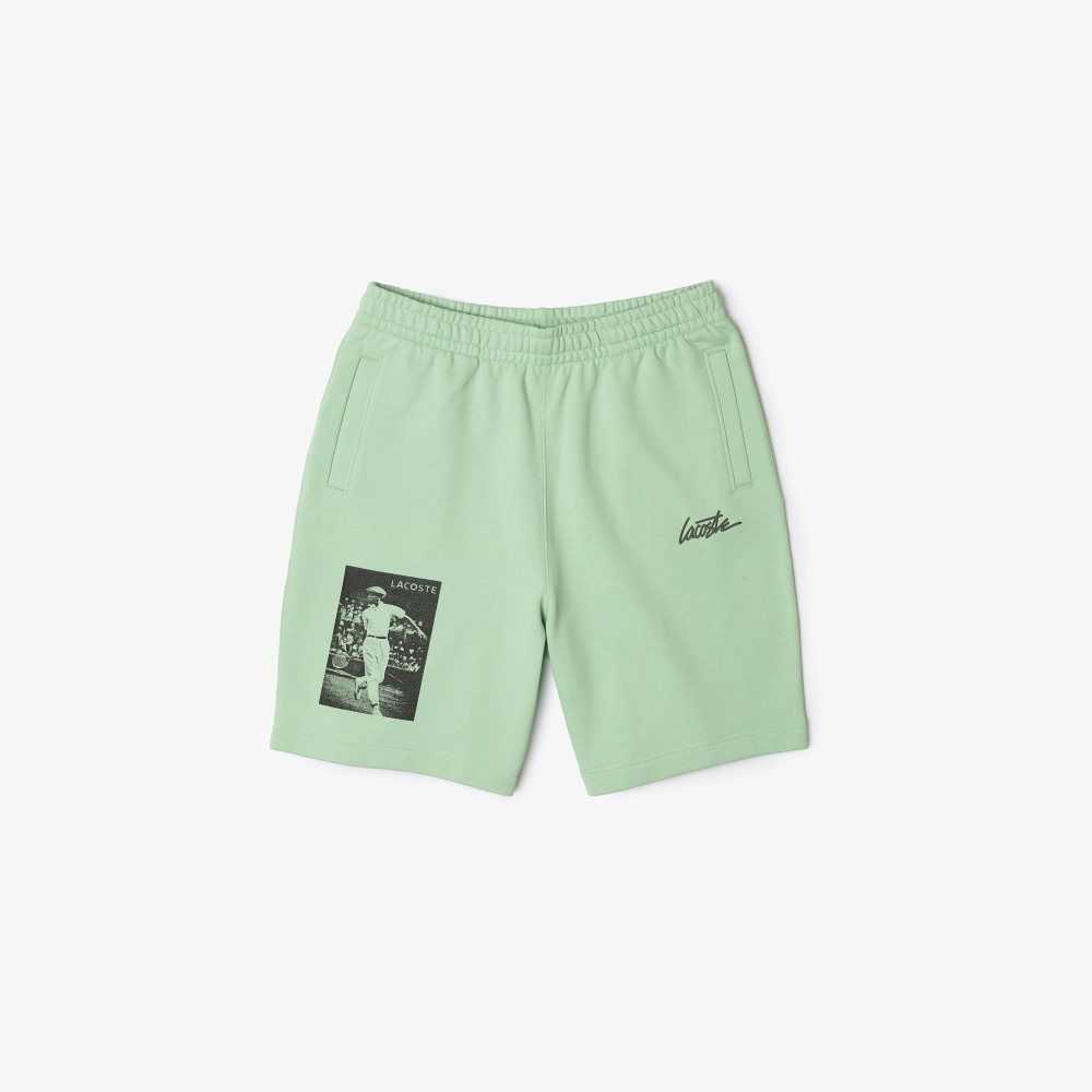 Green Lacoste LIVE Heritage Print Cotton Fleece Shorts | SQHEFC-486