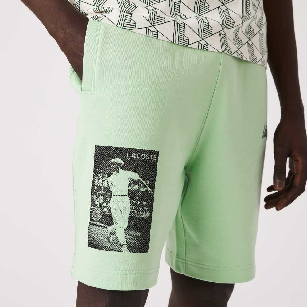 Green Lacoste LIVE Heritage Print Cotton Fleece Shorts | SQHEFC-486