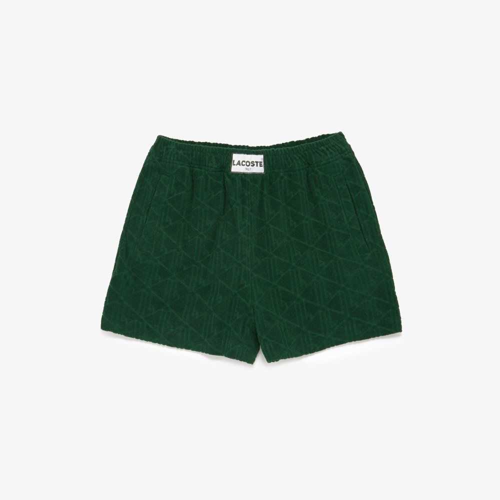 Green Lacoste LIVE Monogram Patterned Cotton Jacquard Shorts | RZWEUG-523