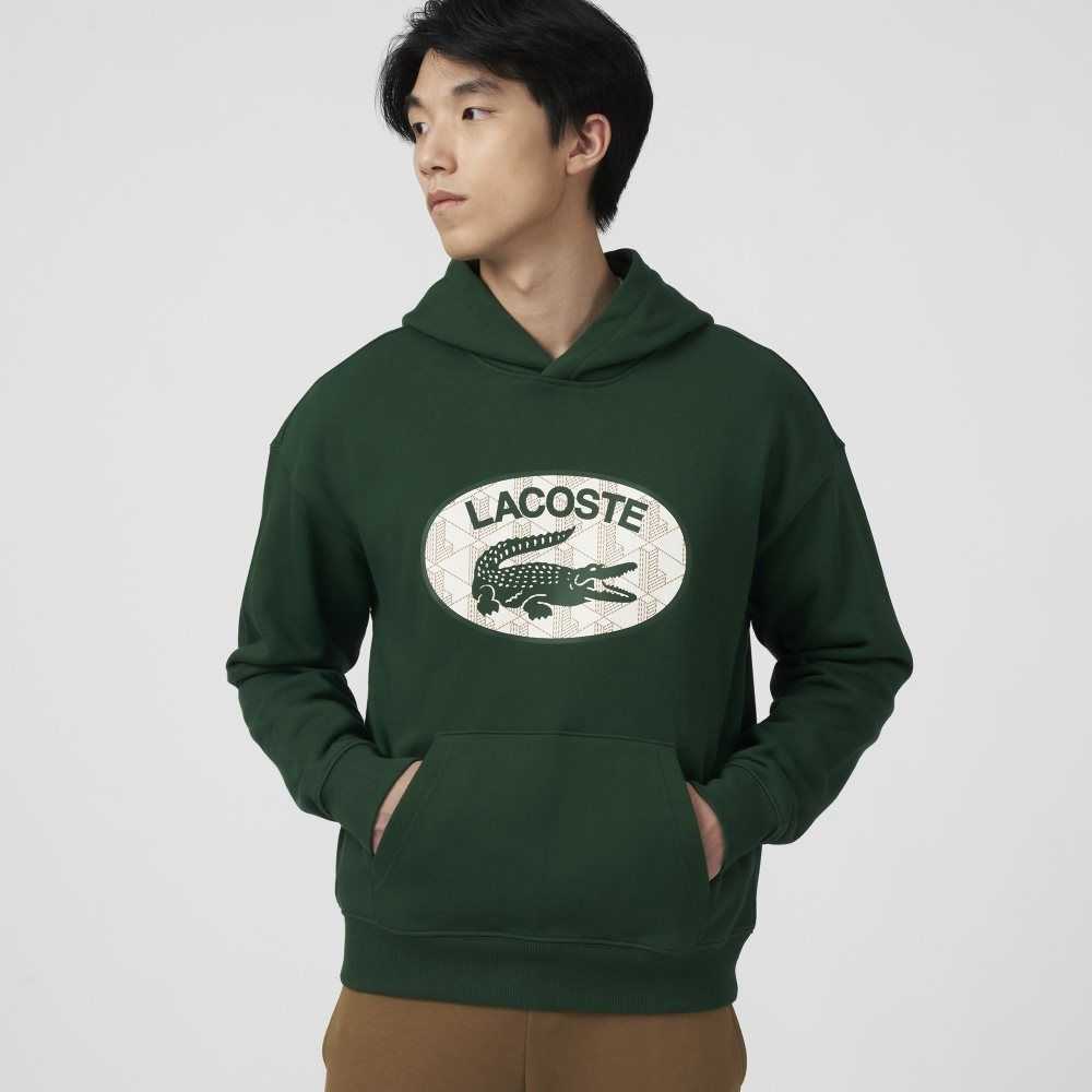 Green Lacoste Loose Fit Branded Monogram Hooded Sweatshirt | EZVWRX-785