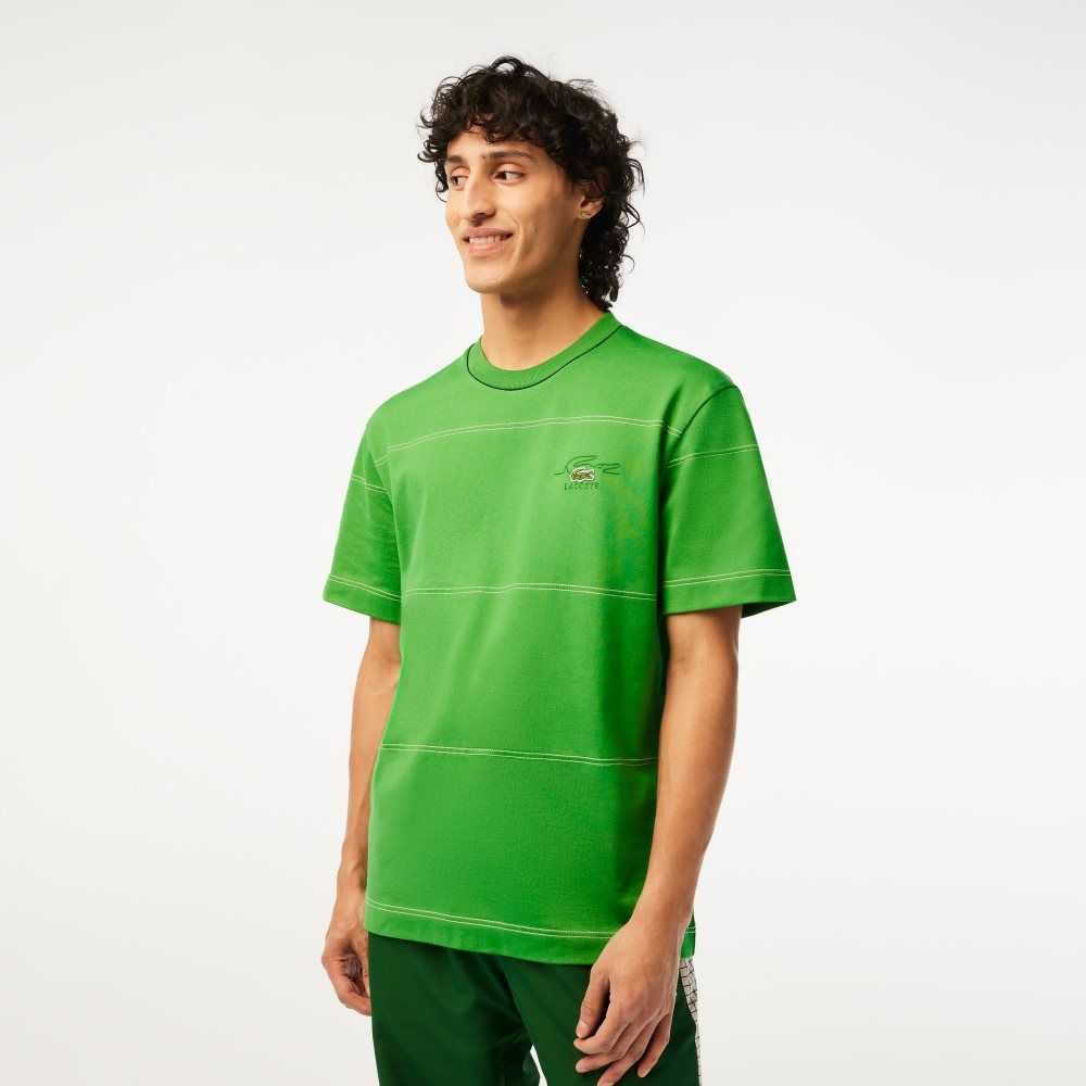 Green Lacoste Organic Cotton Jersey Stripe T-Shirt | NUMZAQ-041