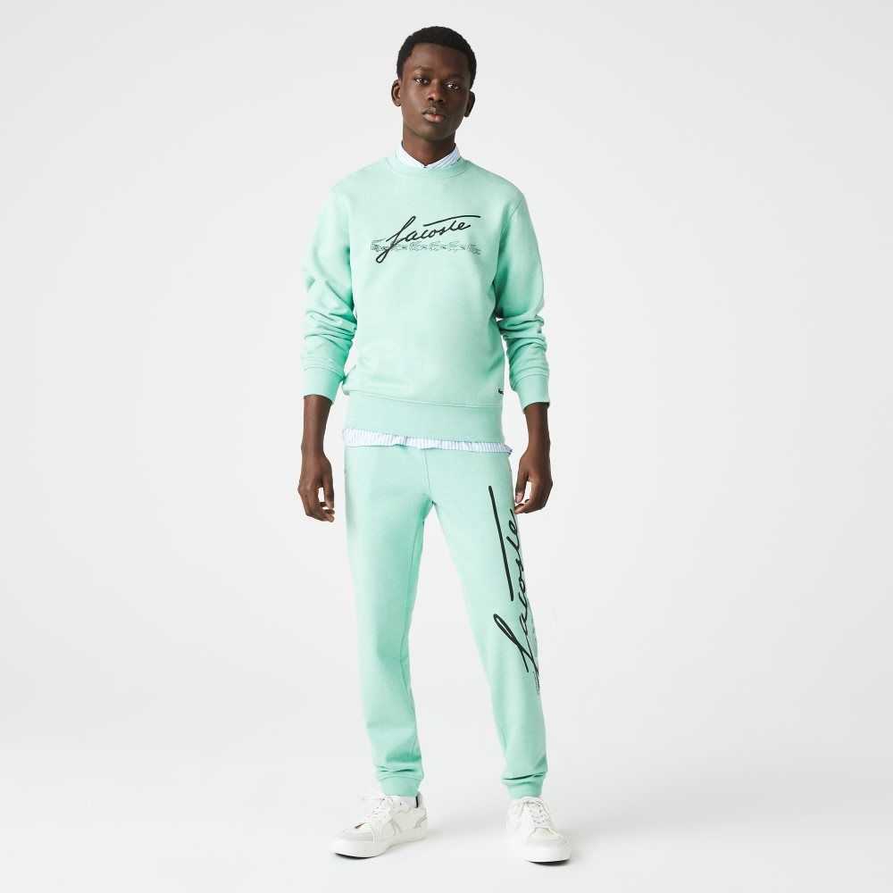 Green Lacoste Signature And Crocodile Print Cotton Fleece Jogging Pants | QHNXES-416